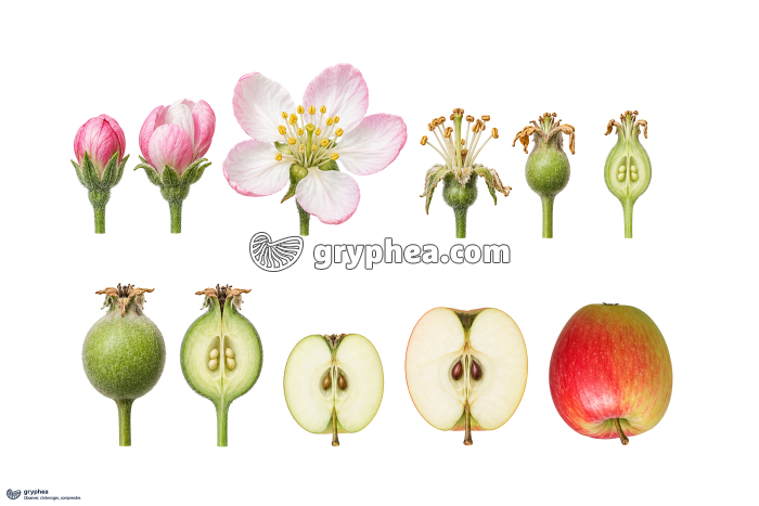 Pommier - De la fleur au fruit - planche botanique - gryphea.com